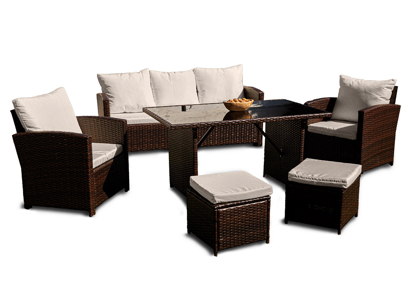 Sofa + Mesa + 2 Sillones+ 2 pufs de Ratan PE. Muebles de Jardin y Terraza