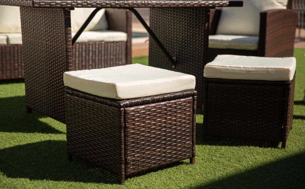 Sofa + Mesa + 2 Sillones+ 2 pufs de Ratan PE. Muebles de Jardin y Terraza