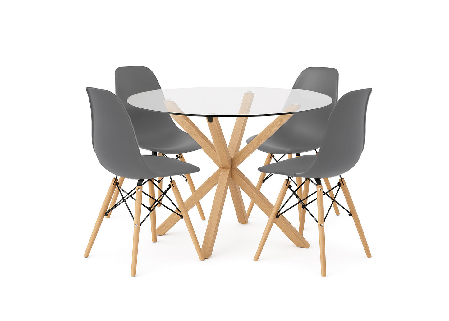 Pack Mesa Redonda de Cristal Templado + 4 Sillas Estilo Nordico