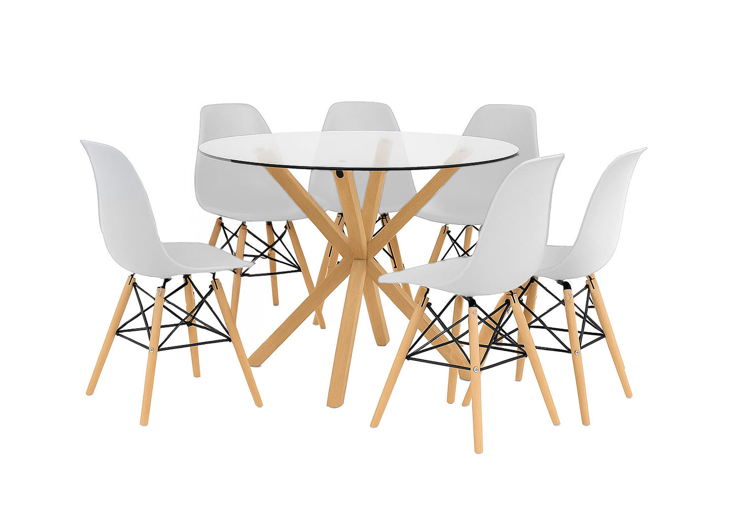 Pack Mesa Redonda de Cristal Templado + 6 Sillas Estilo Nordico