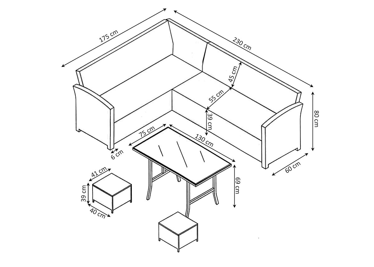 Sofa Rinconera + Mesa + 2 puffs de Ratan PE. Muebles de Jardin y Terraza