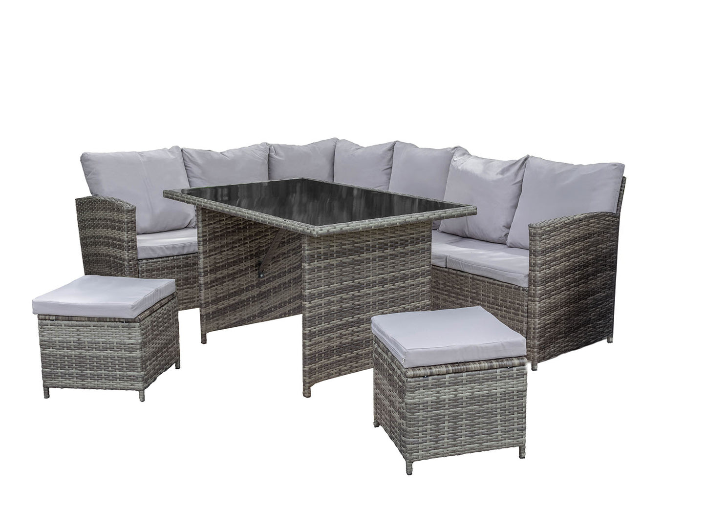 Sofa Rinconera + Mesa + 2 puffs de Ratan PE. Muebles de Jardin y Terraza