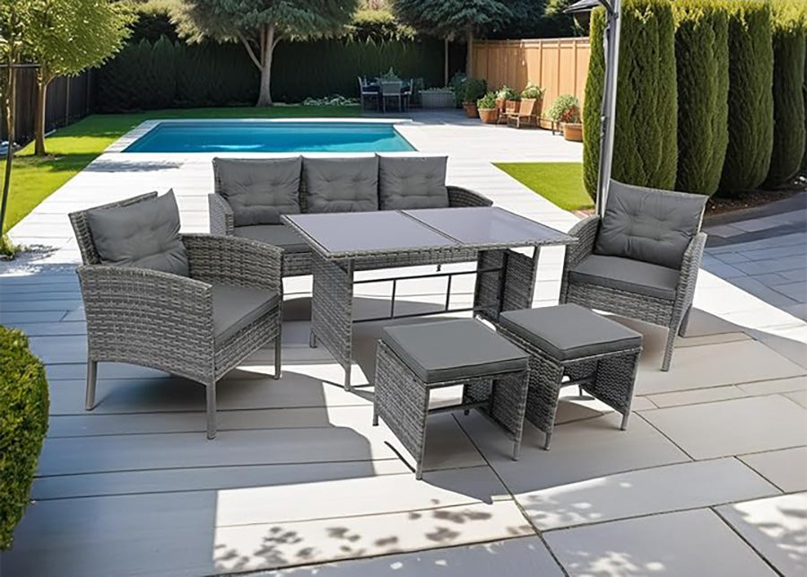 Sofa + Mesa + 2 Sillones + 2 pufs Ratan PE. Muebles de Jardin y Terraza Andy