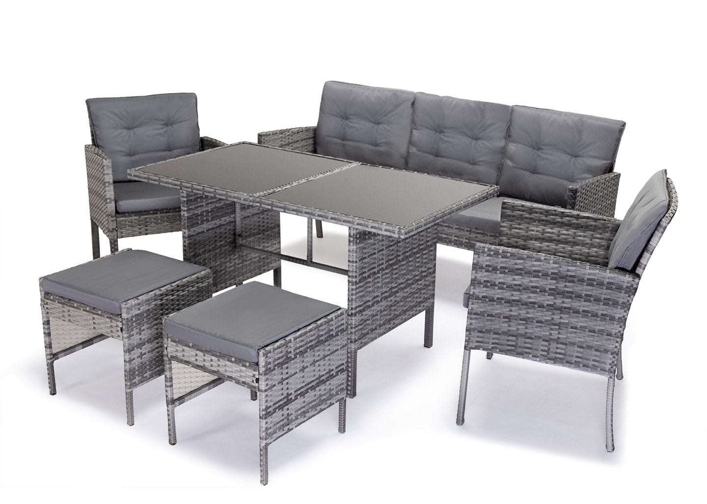 Sofa + Mesa + 2 Sillones + 2 pufs Ratan PE. Muebles de Jardin y Terraza Andy