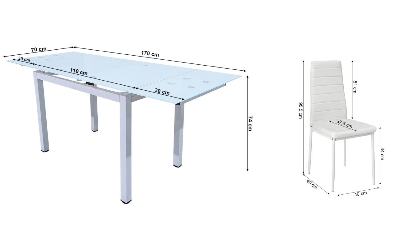 Mesa de Cristal Extensible 170cm + 6 Sillas Polipiel