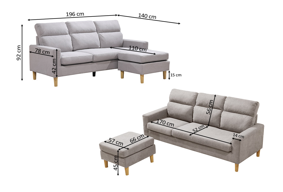 Sofa Agora + Puff Convertible en Chaise Longue 196cm