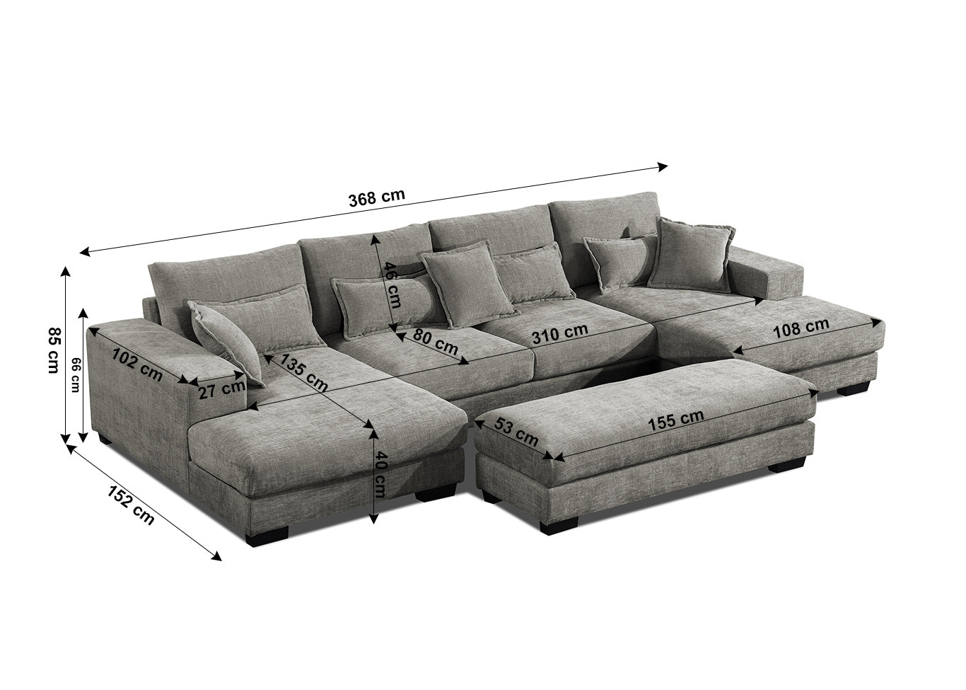 Mega Sofa Cama Chaise Longue Rinconera Kim 368cm