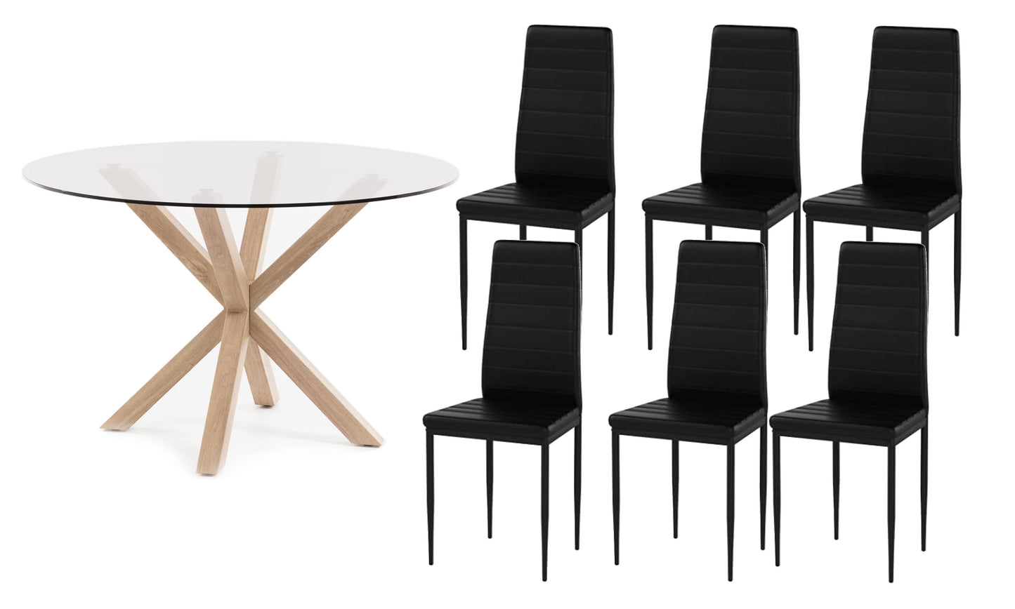 Pack Mesa Redonda de Cristal Templado + 6 Sillas en Polipiel y Metal