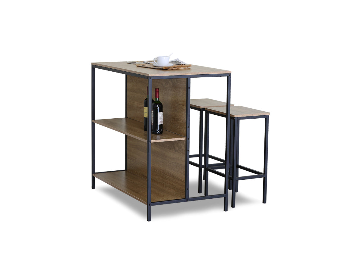 Mesa Bar Cocina Nancy Estilo Industrial con Estanteria + 2 Taburetes
