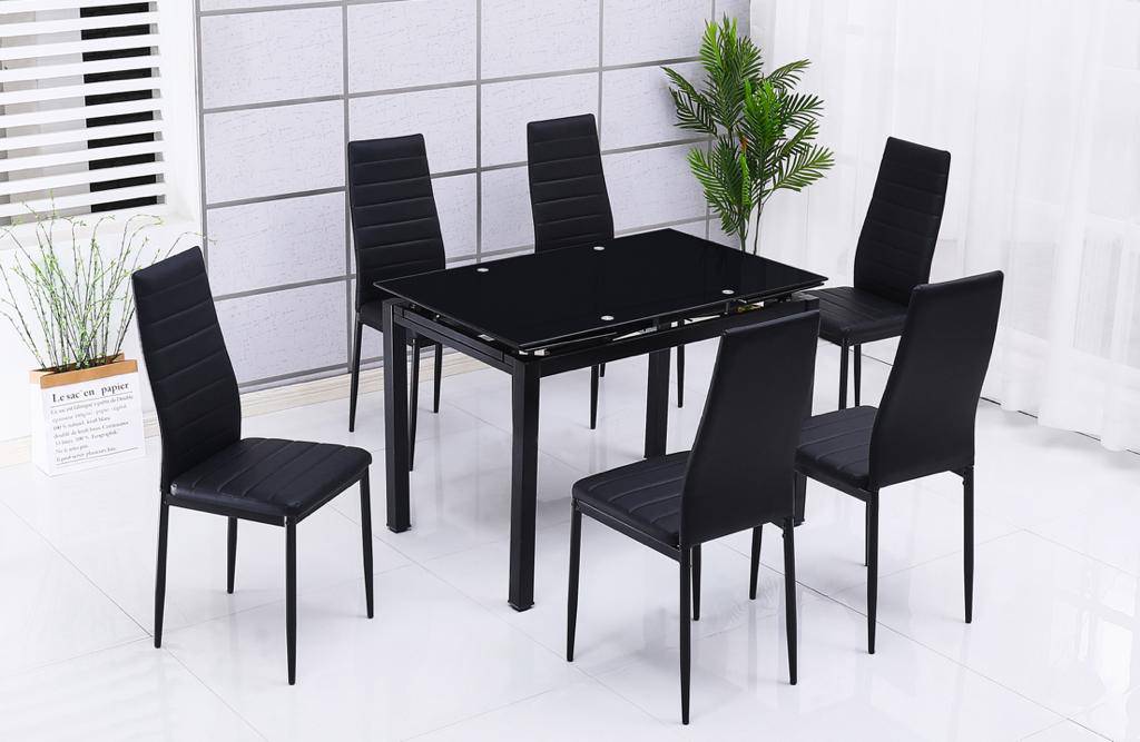 Mesa de Cristal Extensible 170cm + 6 Sillas Polipiel