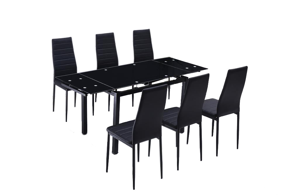 Mesa de Cristal Extensible 170cm + 6 Sillas Polipiel