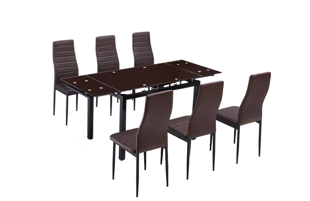 Mesa de Cristal Extensible 170cm + 6 Sillas Polipiel
