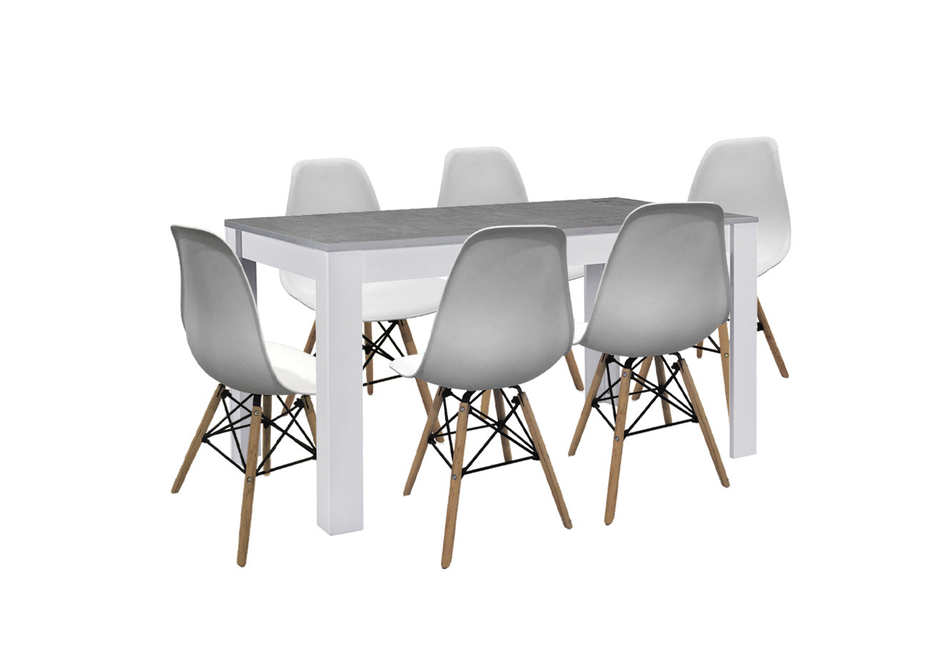 Pack Mesa de Comedor o Cocina Fija + 6 Sillas Estilo Nordico
