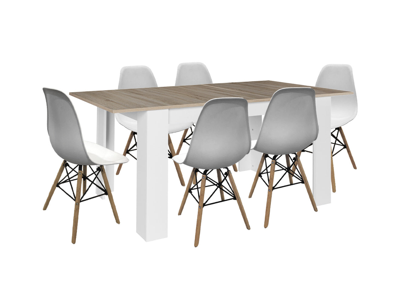 Mesa Extensible de Comedor o Cocina + 6 Sillas Estilo Nordico