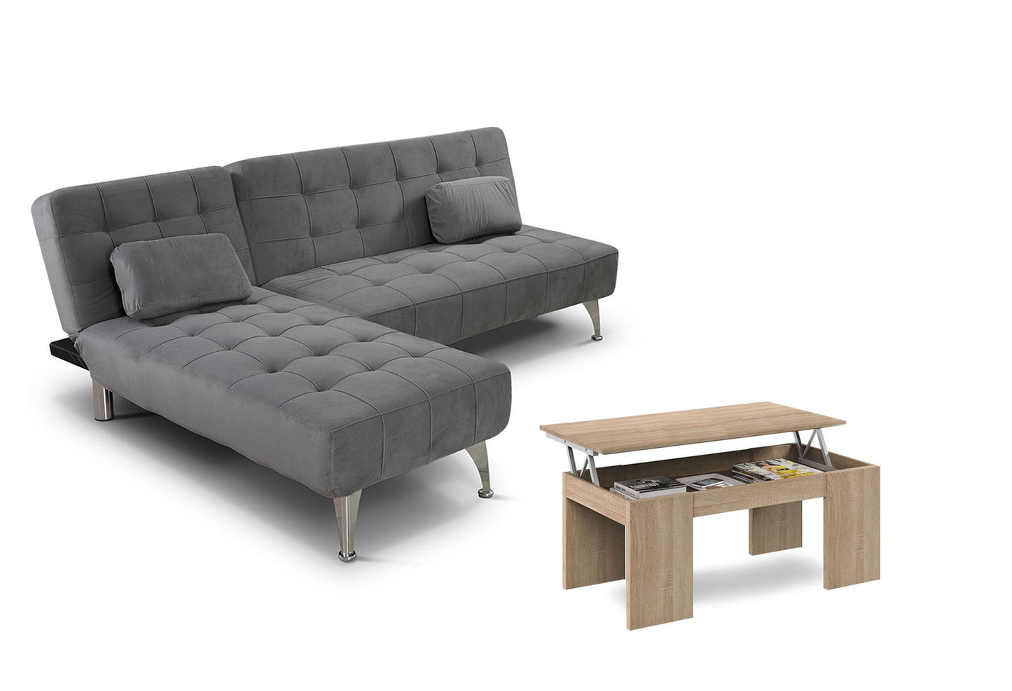 Sofa Cama Chaise Longue Reversible + Mesa de Centro Elevable