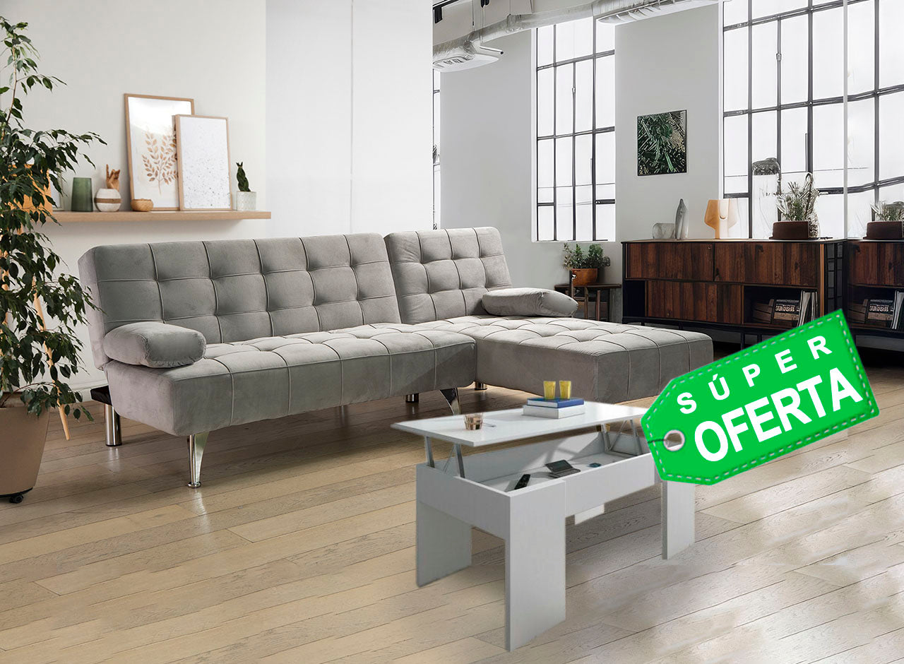 Sofa Cama Chaise Longue Reversible + Mesa de Centro Elevable