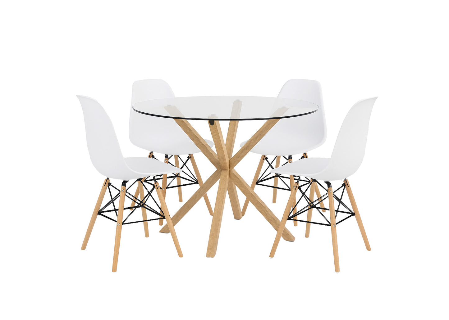 Pack Mesa Redonda de Cristal Templado + 4 Sillas Estilo Nordico