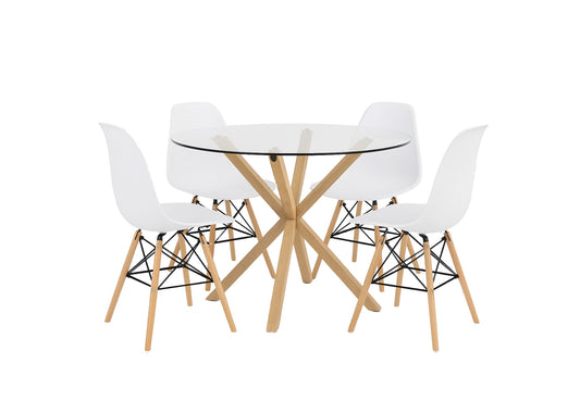 Pack Mesa Redonda de Cristal Templado + 4 Sillas Estilo Nordico
