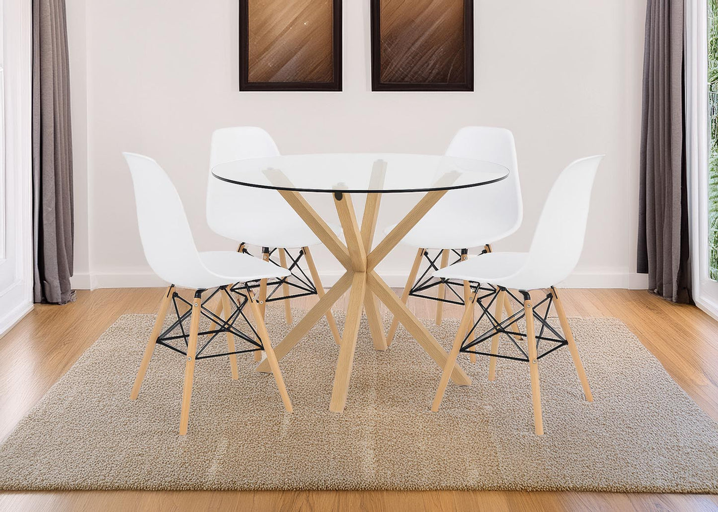 Pack Mesa Redonda de Cristal Templado + 4 Sillas Estilo Nordico