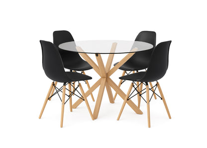 Pack Mesa Redonda de Cristal Templado + 4 Sillas Estilo Nordico