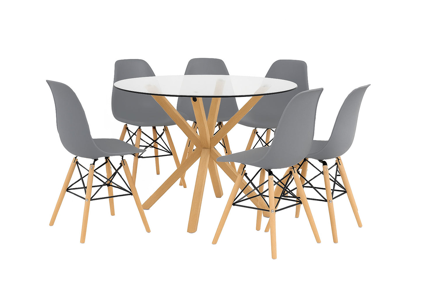 Pack Mesa Redonda de Cristal Templado + 6 Sillas Estilo Nordico