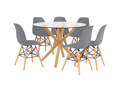 Pack Mesa Redonda de Cristal Templado + 6 Sillas Estilo Nordico