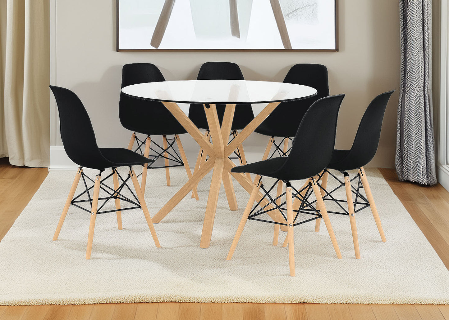 Pack Mesa Redonda de Cristal Templado + 6 Sillas Estilo Nordico