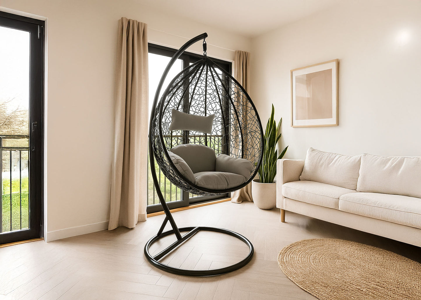 Silla Mecedora Gris. Cesta Colgante. Muebles de Jardin y Terraza