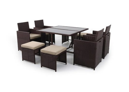 Conjunto Mesa + 4 Sillas + 4 pufs en Ratan PE. Muebles de Jardin y Terraza