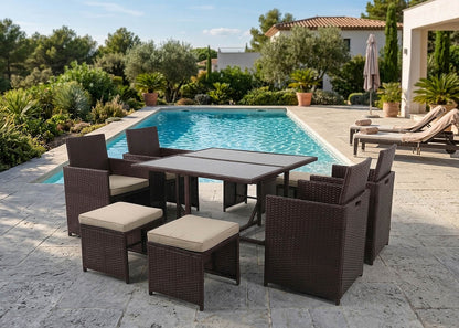 Conjunto Mesa + 4 Sillas + 4 pufs en Ratan PE. Muebles de Jardin y Terraza