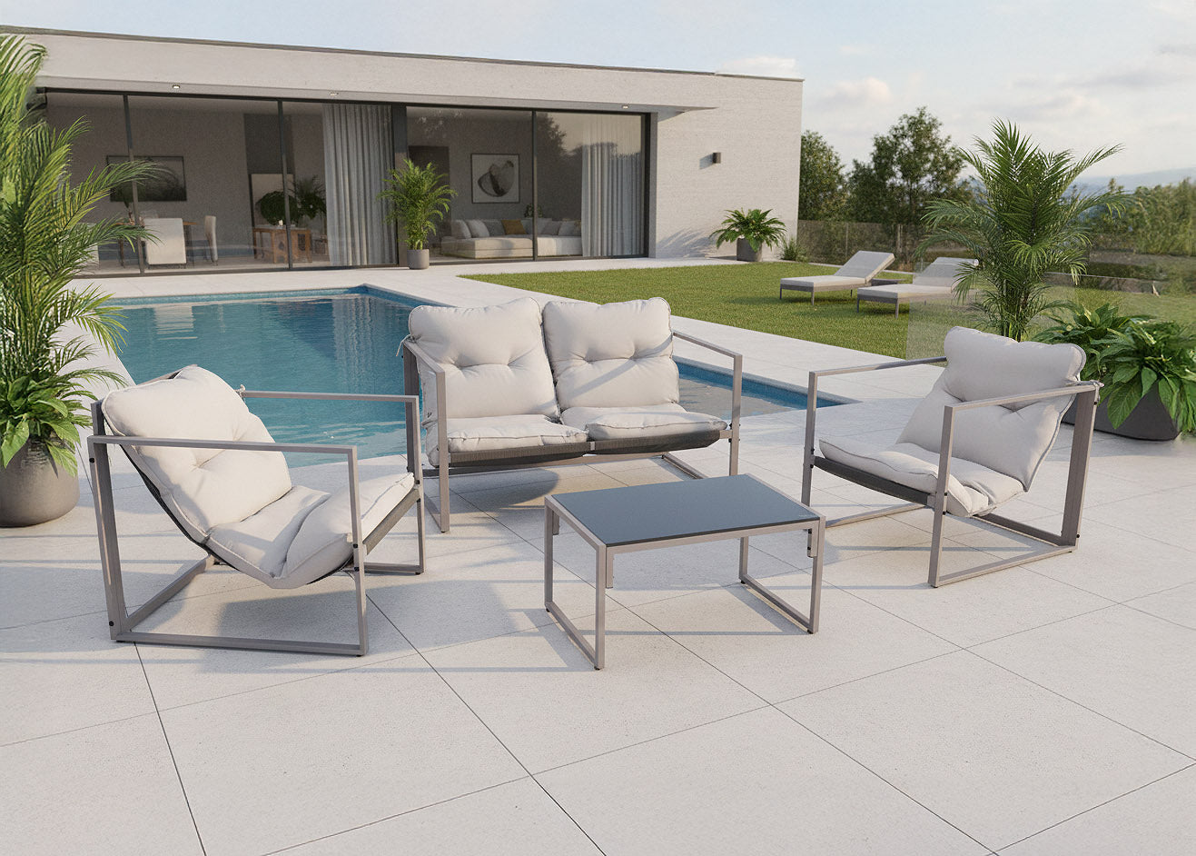 Conjunto Sofa + Mesa + 2 Sillas Roma. Muebles de Jardin y Terraza