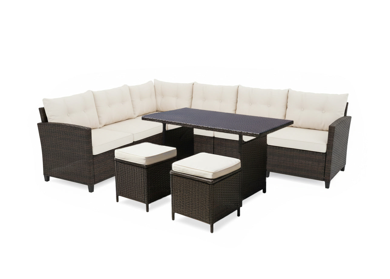 Sofa Rinconera Laia + Mesa + 2 puffs de Ratan PE. Muebles de Jardin y Terraza