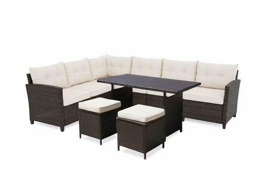 Sofa Rinconera Laia + Mesa + 2 puffs de Ratan PE. Muebles de Jardin y Terraza