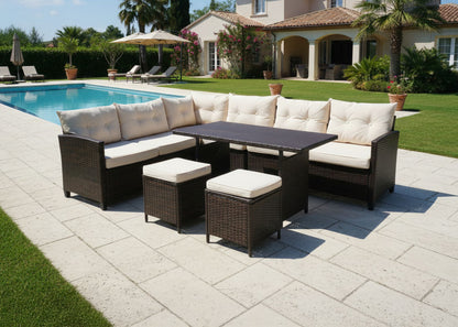 Sofa Rinconera Laia + Mesa + 2 puffs de Ratan PE. Muebles de Jardin y Terraza