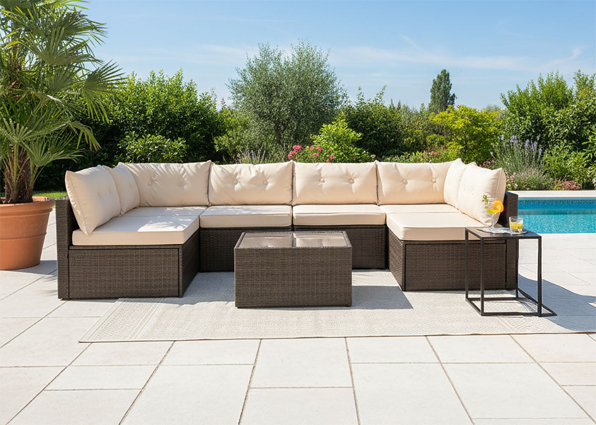 Conjunto de Sofa Modular de Exterior en Ratan PE. Muebles de Jardin y Terraza