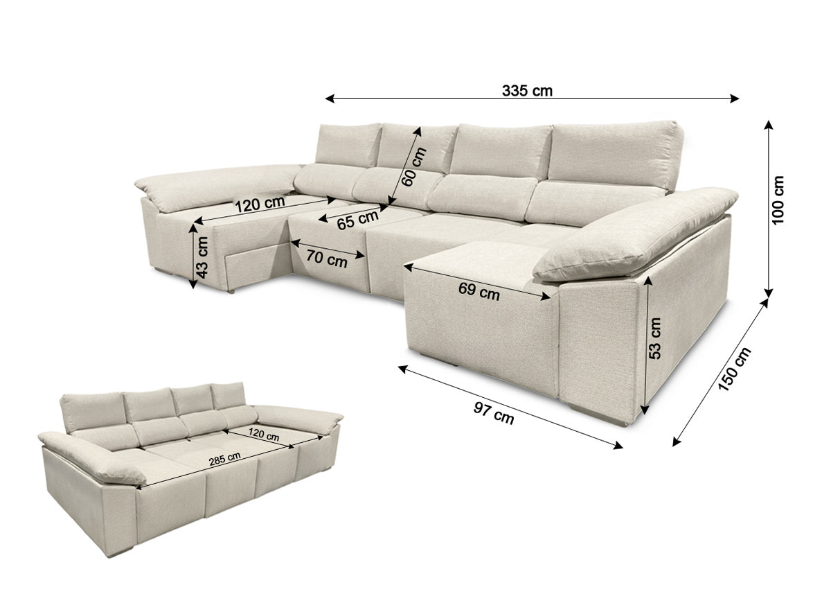 Mega Sofa Cama Chaise Longue Barcelona con Arcon, 335cm