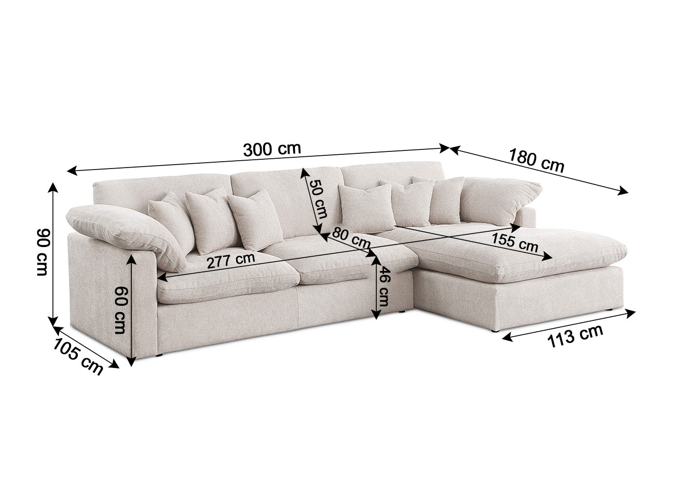 Sofa Chaise Longue Abbi Beige 300cm