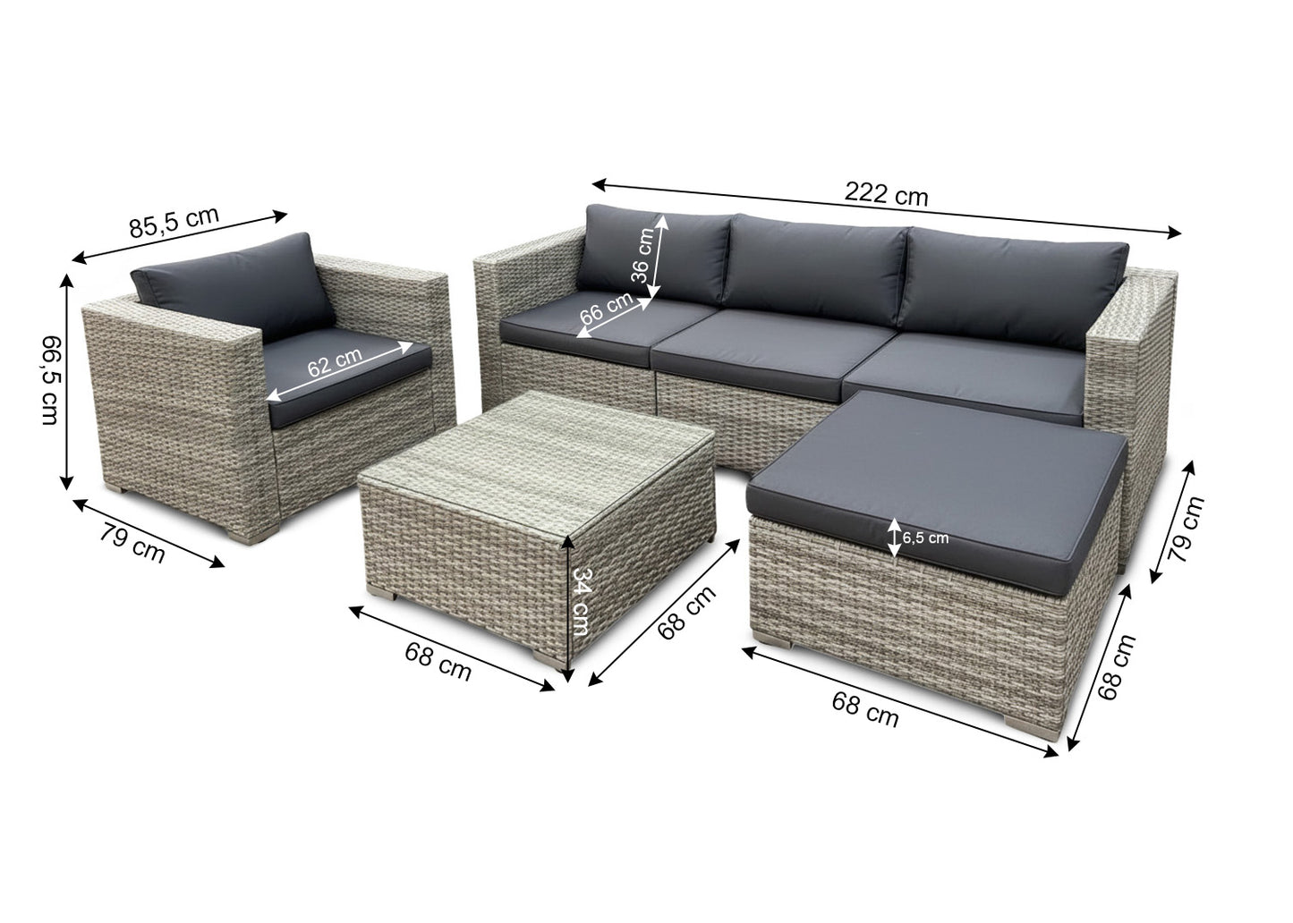 Conjunto de Exterior Sofa + Puff + Mesa y Sillon. Muebles de Jardin y Terraza