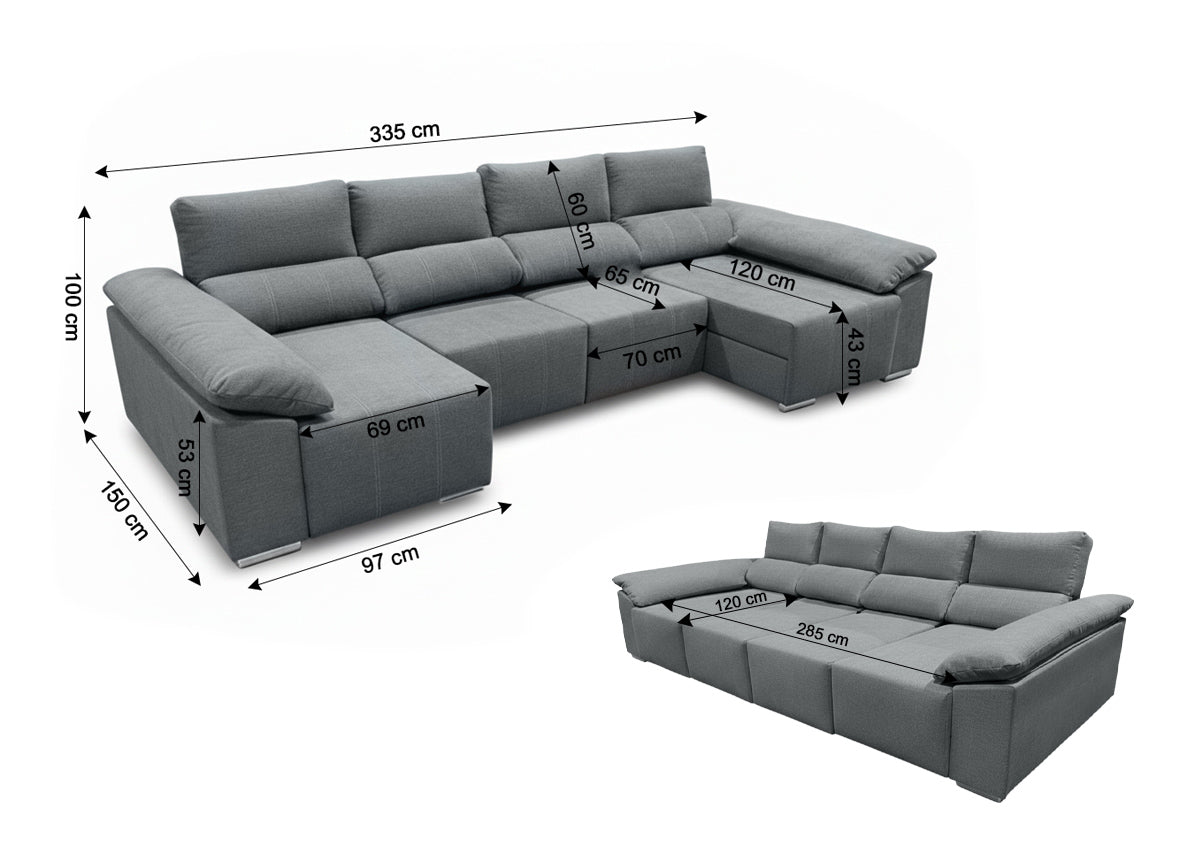 Mega Sofa Cama Barcelona Chaise Longue con Arcon, 335cm