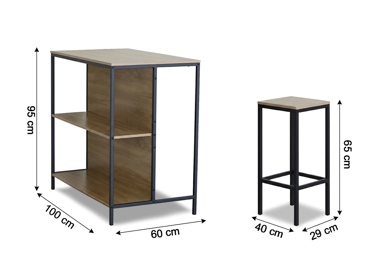 Mesa Bar Cocina Nancy Estilo Industrial con Estanteria + 2 Taburetes