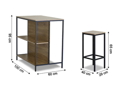 Mesa Bar Cocina Nancy Estilo Industrial con Estanteria + 2 Taburetes