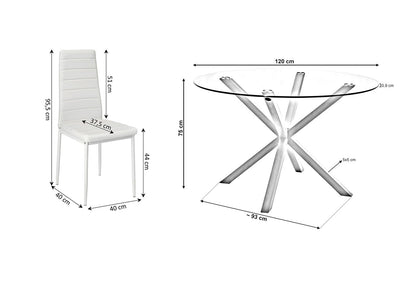 Pack Mesa Redonda de Cristal Templado + 4 Sillas en Polipiel y Metal