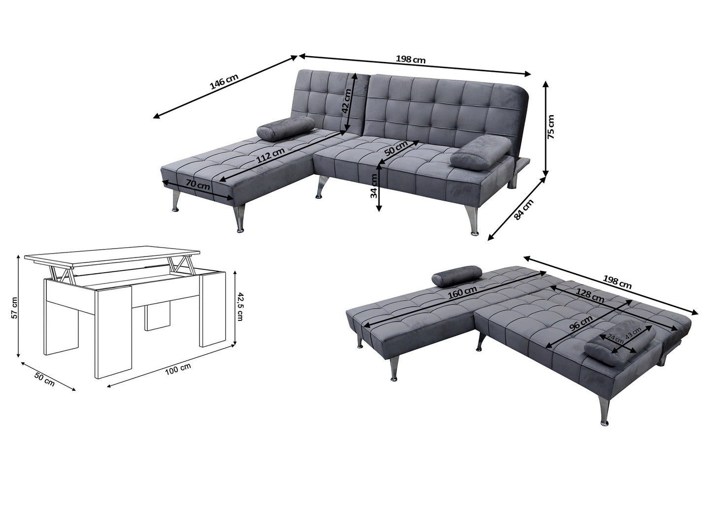 Sofa Cama Chaise Longue Reversible + Mesa de Centro Elevable