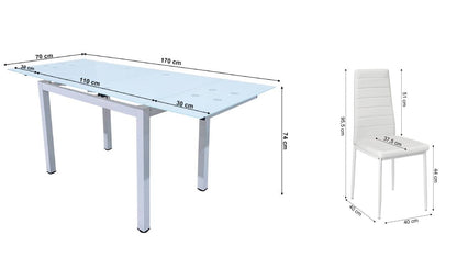 Mesa de Cristal Extensible 170cm + 6 Sillas Polipiel