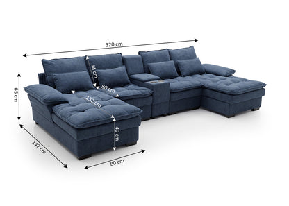 Sofa Doble Chaise Longue Stefano Azul + Portavasos 320cm