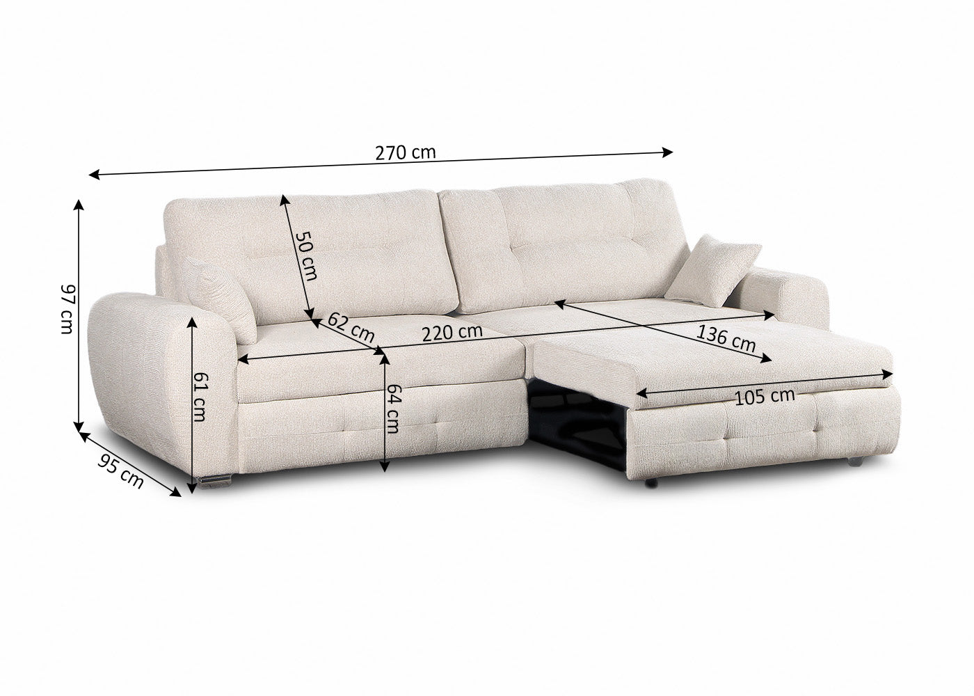 Sofa Chaise Longue con Arcon Lila Beige 270cm