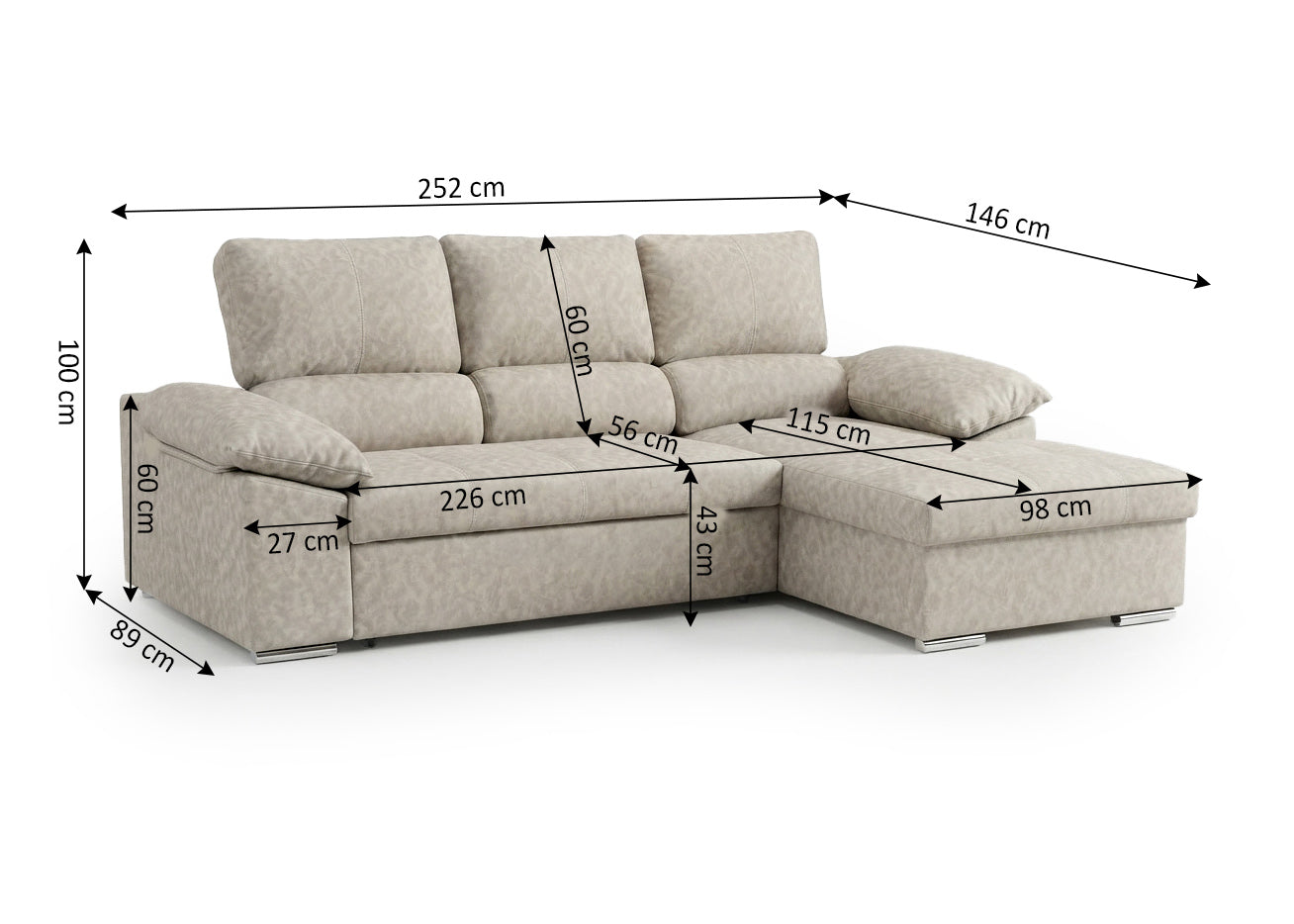 Sofa Cama Chaise Longue Naiara 252cm Beige