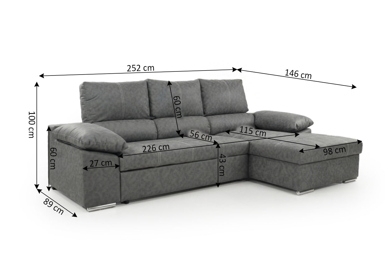 Sofa Cama Chaise Longue Naiara 252cm Gris