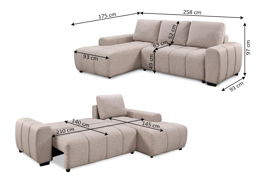 Sofa Cama Chaise Longue Nuvola Beige con Arcon 258cm