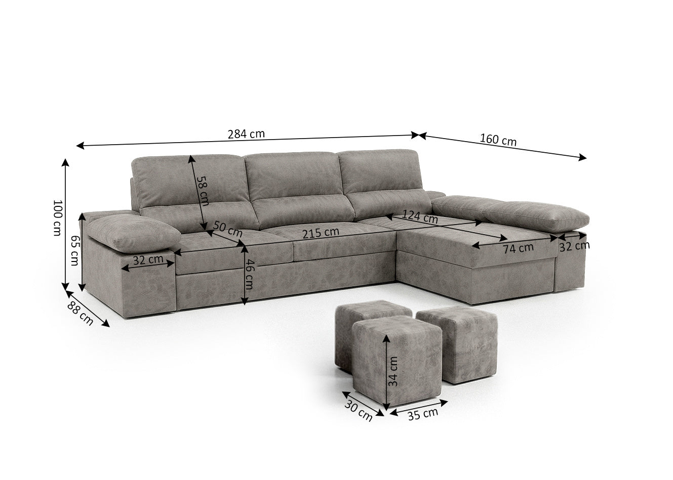 Sofa Cama Chaise Longue Reversible Dave Gris 284cm, Arcon + Puff